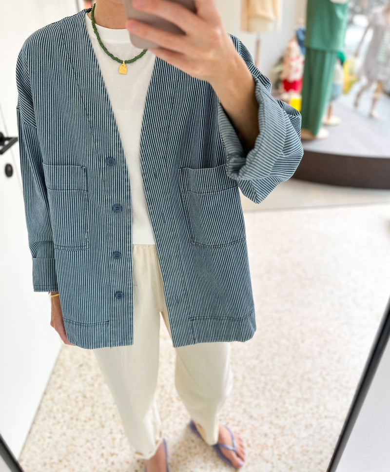 Oversized striped denim jacket - Blue