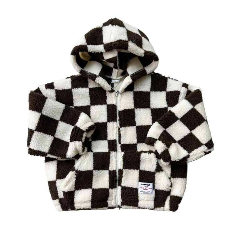 Checkered teddy hoodie - Brown/cream