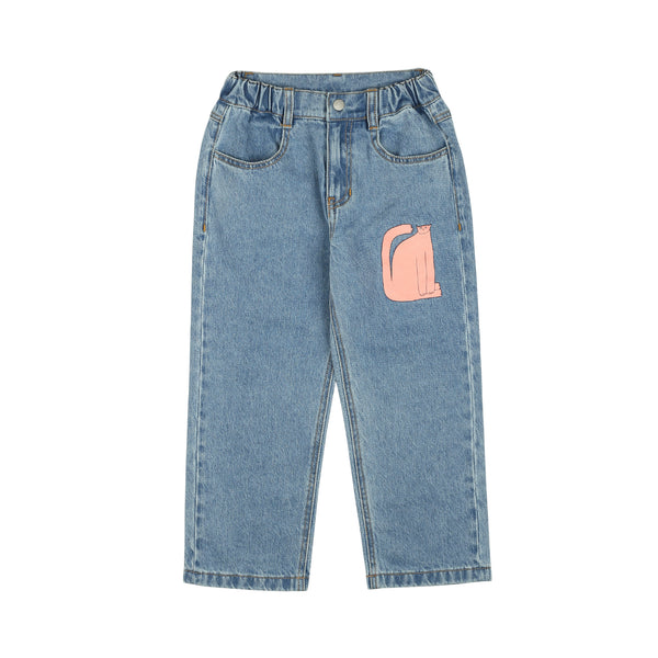 Pink cat denim pants - Washed blue